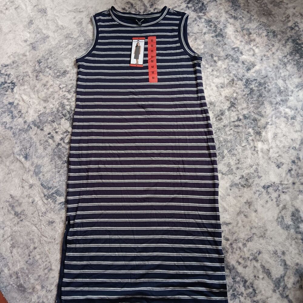Hilary Radley Navy & Off-white Striped Midi Dress Sleeveless With Side Slits SzM